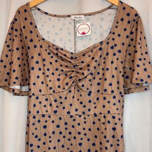 New Petal Dew Midi Dress Tan & Blue Polka Dot‎ Flared Sleeve Ruched Front XL